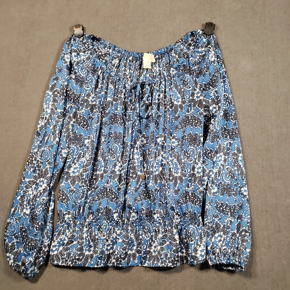 Michael Michael Kors Blouse Womens P/S Blue Paisley Smocked Off Shoulder Top